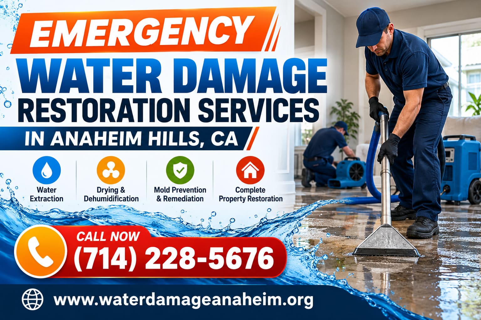 Emergency water damage response team extracting water in Anaheim, CA 92808