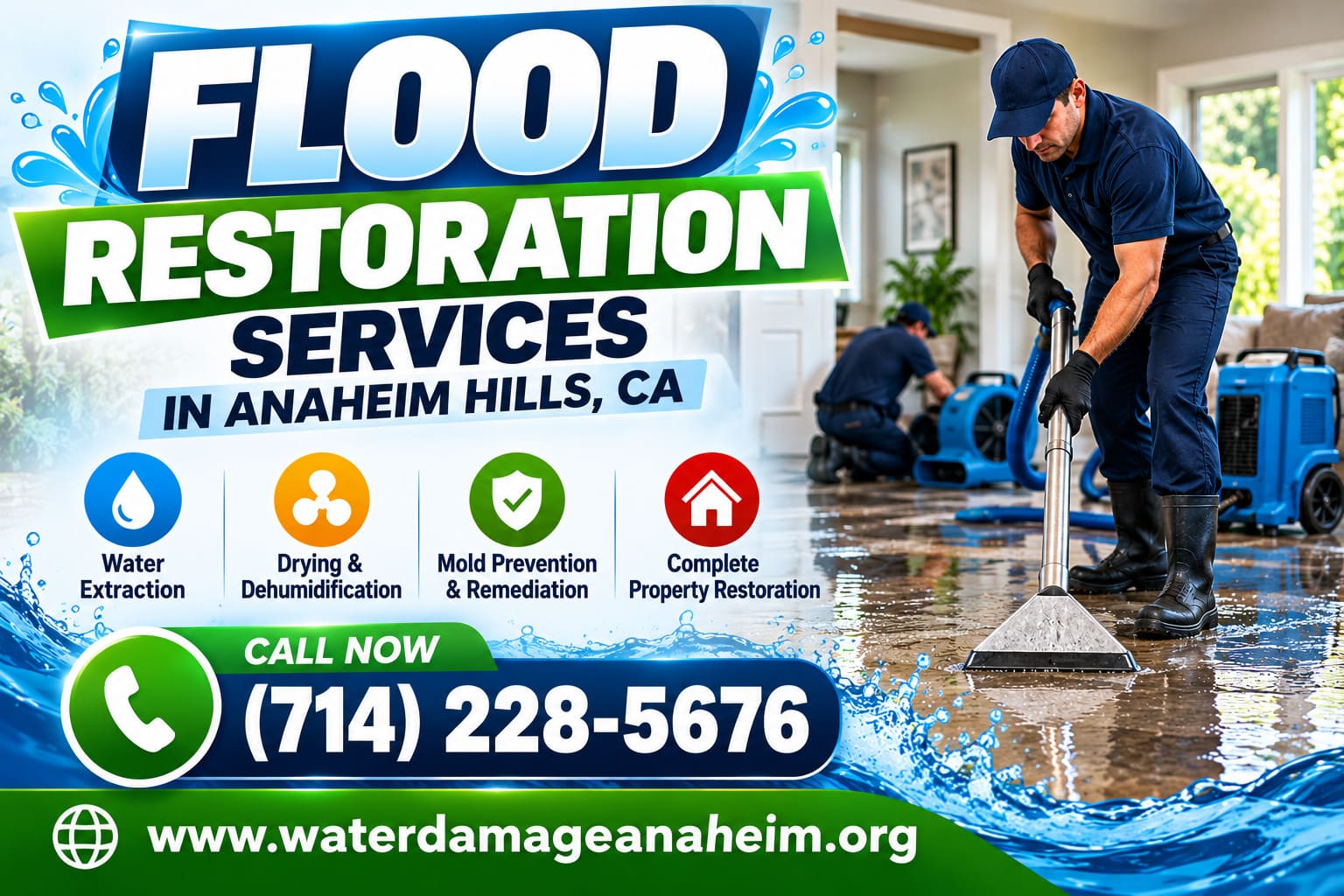 Flood restoration and structural drying equipment set up in an Anaheim home